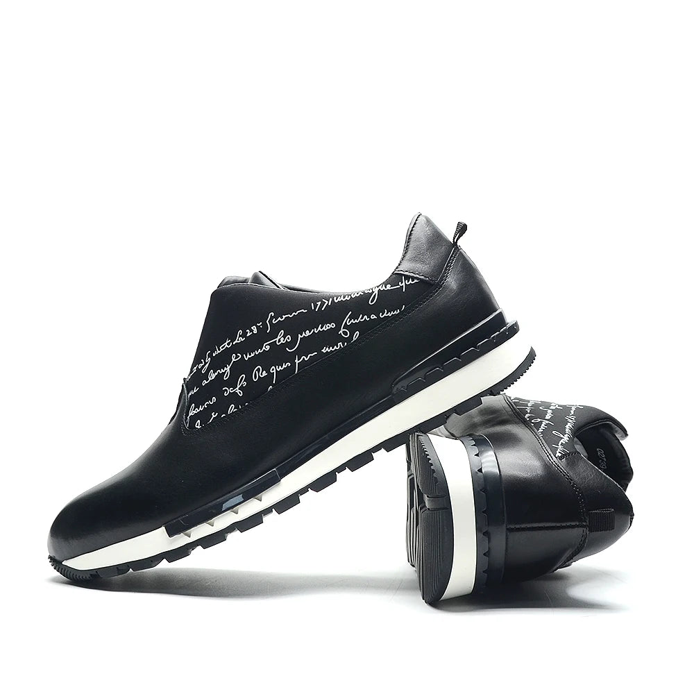 Oxford Homme Cuir Véritable | Sneaker Classique Imprimé Lettres Noir