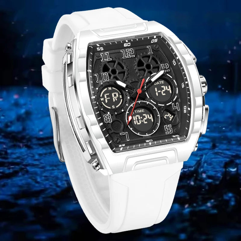 FOXBOX 0096 Montre Homme Quartz Digital Carrée Acier Silicone Chrono 50M – CLEVI Paris