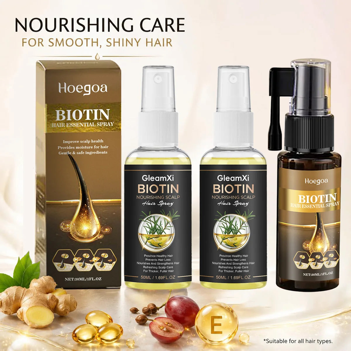 Sérum Capillaire Spray à la Biotine | Anti-Chute & Épaississant | Huile d’Argan & Gingembre | Certifié CPNP – CLEVI Paris