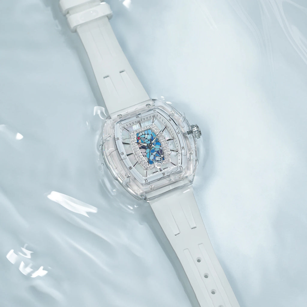 TSAR BOMBA TB8219 Montre Femme Quartz Suisse Nacre Zircons Boîtier Acrylique Bracelet Fluoroélastomère – CLEVI Paris