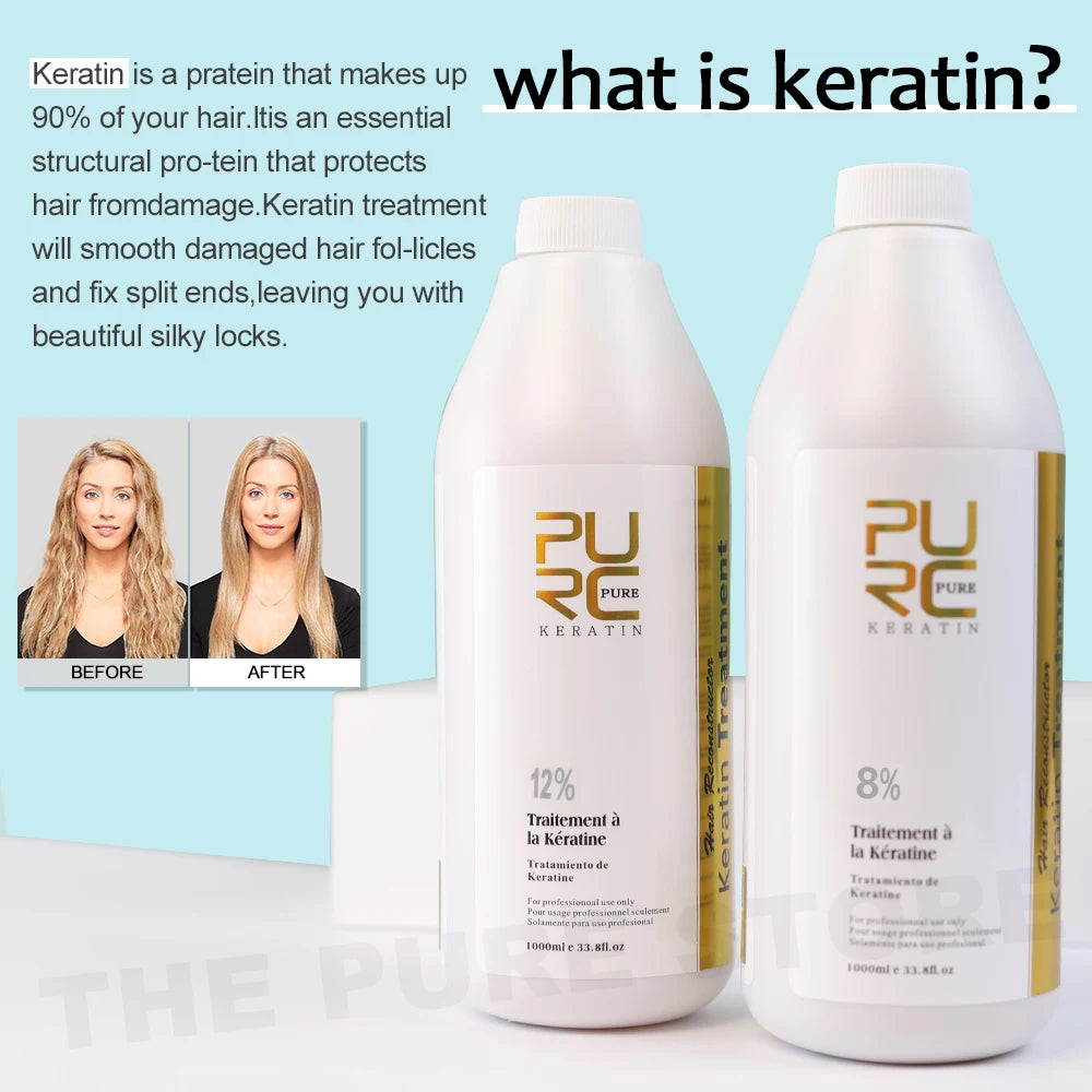 Traitement Kératine PURC 1000ml – Lissage Brésilien Professionnel, Cheveux Bouclés & Frisant