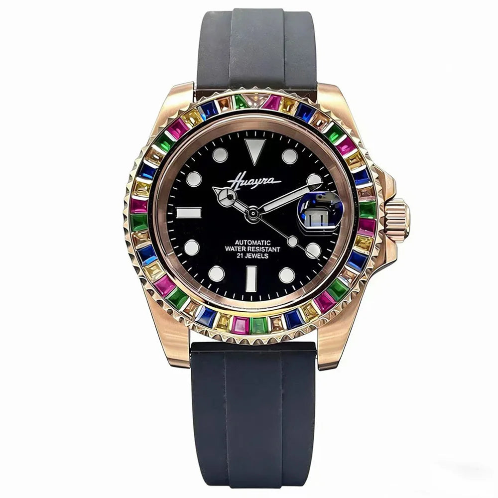 Montre Homme Automatique HUAYRA – Miyota 8215 Diamants Arc-en-Ciel Verre Saphir Bracelet Caoutchouc – CLEVI Paris