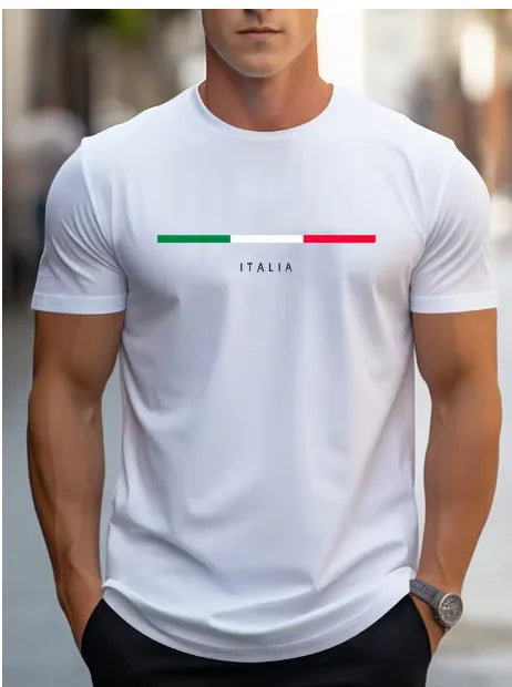T-Shirt Homme Imprimé Italia 100% Coton – Loose Fit, Col Rond, Manches Courtes