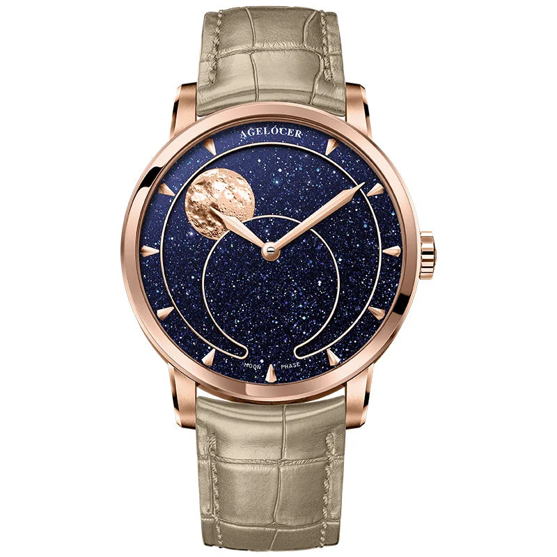 AGELOCER Montre Automatique Homme Phase de Lune Aventurine Saphir Réserve 80h – CLEVI Paris
