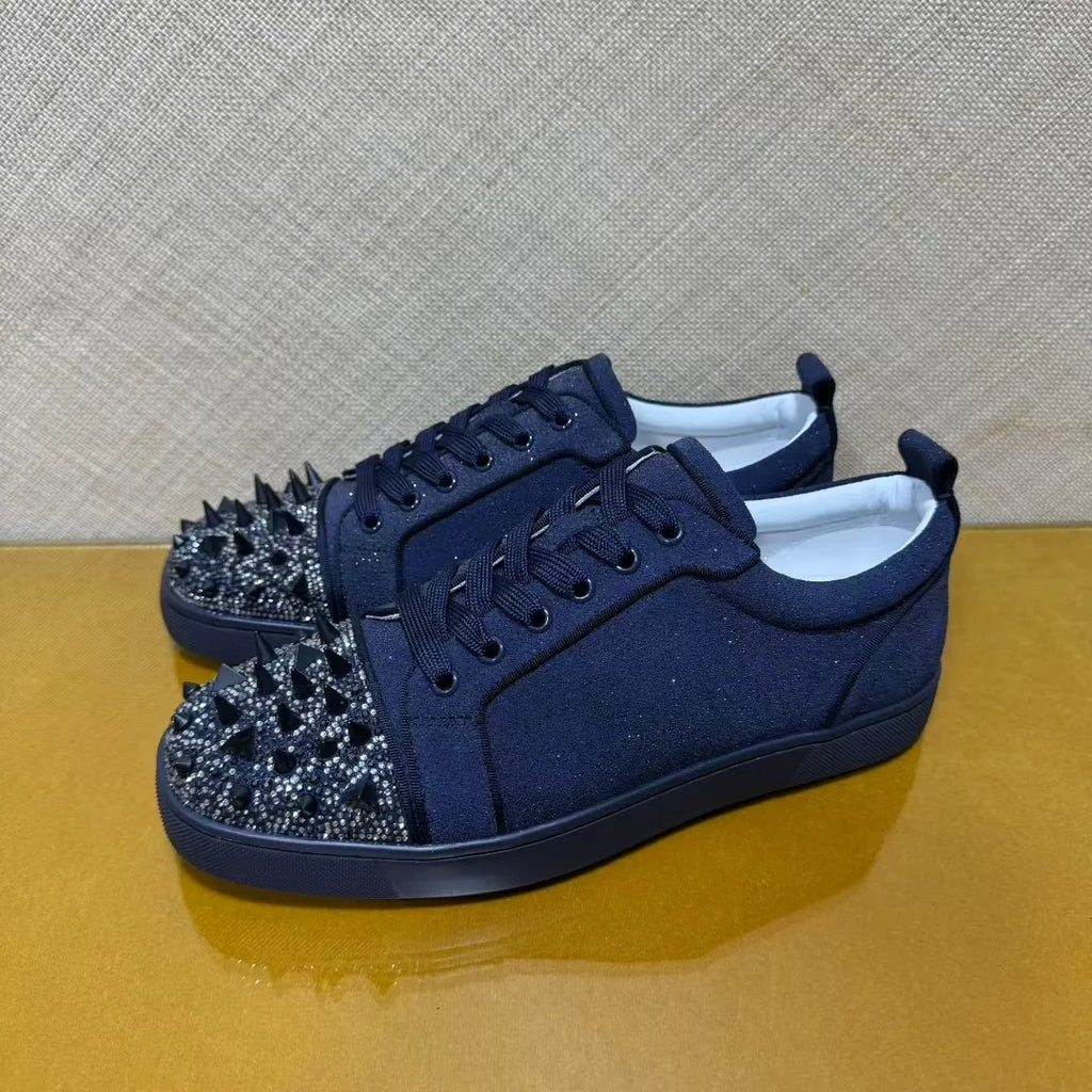 Sneakers Luxe Cuir Véritable Bleu Encre – Diamants & Semelle Rouge, Unisexe, Tailles 35-48 – CLEVI Paris