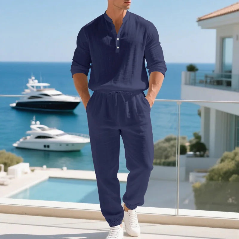 Ensemble 2 Pièces Homme Lin Col Henley Manches Longues + Pantalon Style Casual Américain Automne – CLEVI Paris