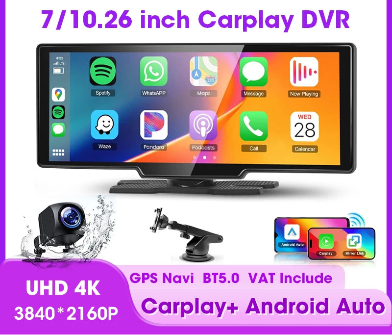 Écran CarPlay Android Auto Sans Fil 7"/10,26" – Dashcam 4K Double Objectif GPS WiFi 5G Caméra Recul – CLEVI Paris