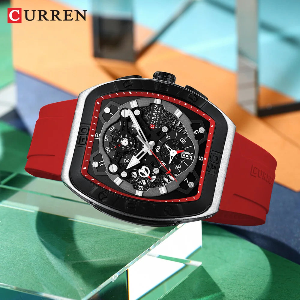 Montre Chronographe Homme CURREN – Boîtier Tonneau, Bracelet Silicone Sport