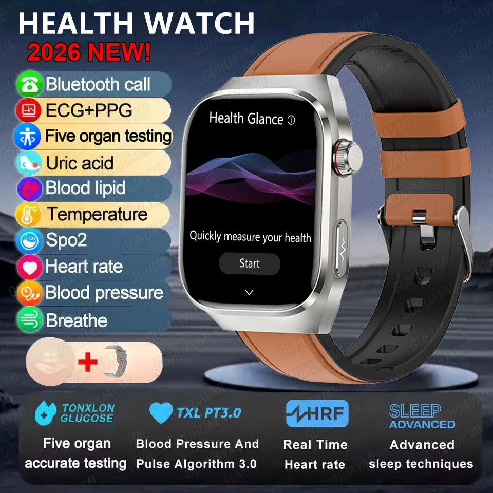 Montre Connectée Santé ECG Acide Urique IMC 5 Organes | AMOLED Verre Saphir IP68