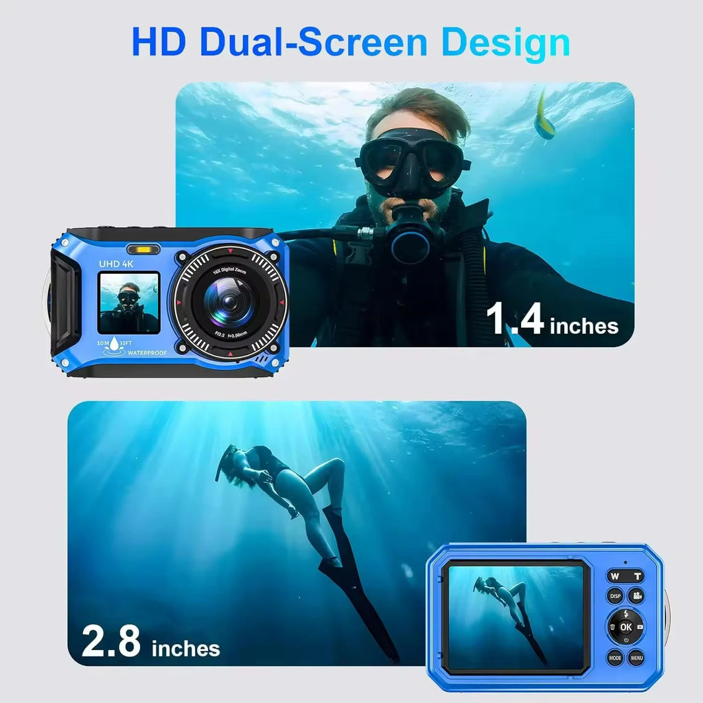 Appareil Photo Sous-Marin 4K 64MP AMORUS – Étanche 10m, Double Écran IPS, Autofocus, Flottant, Snorkeling & Plongée – CLEVI Paris