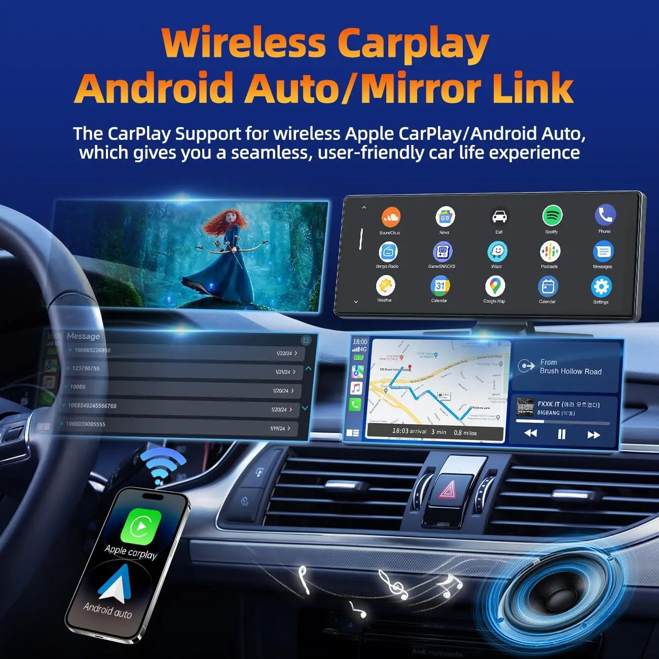 Écran CarPlay Android Auto Sans Fil 7"/10,26" – Dashcam 4K Double Objectif GPS WiFi 5G Caméra Recul – CLEVI Paris