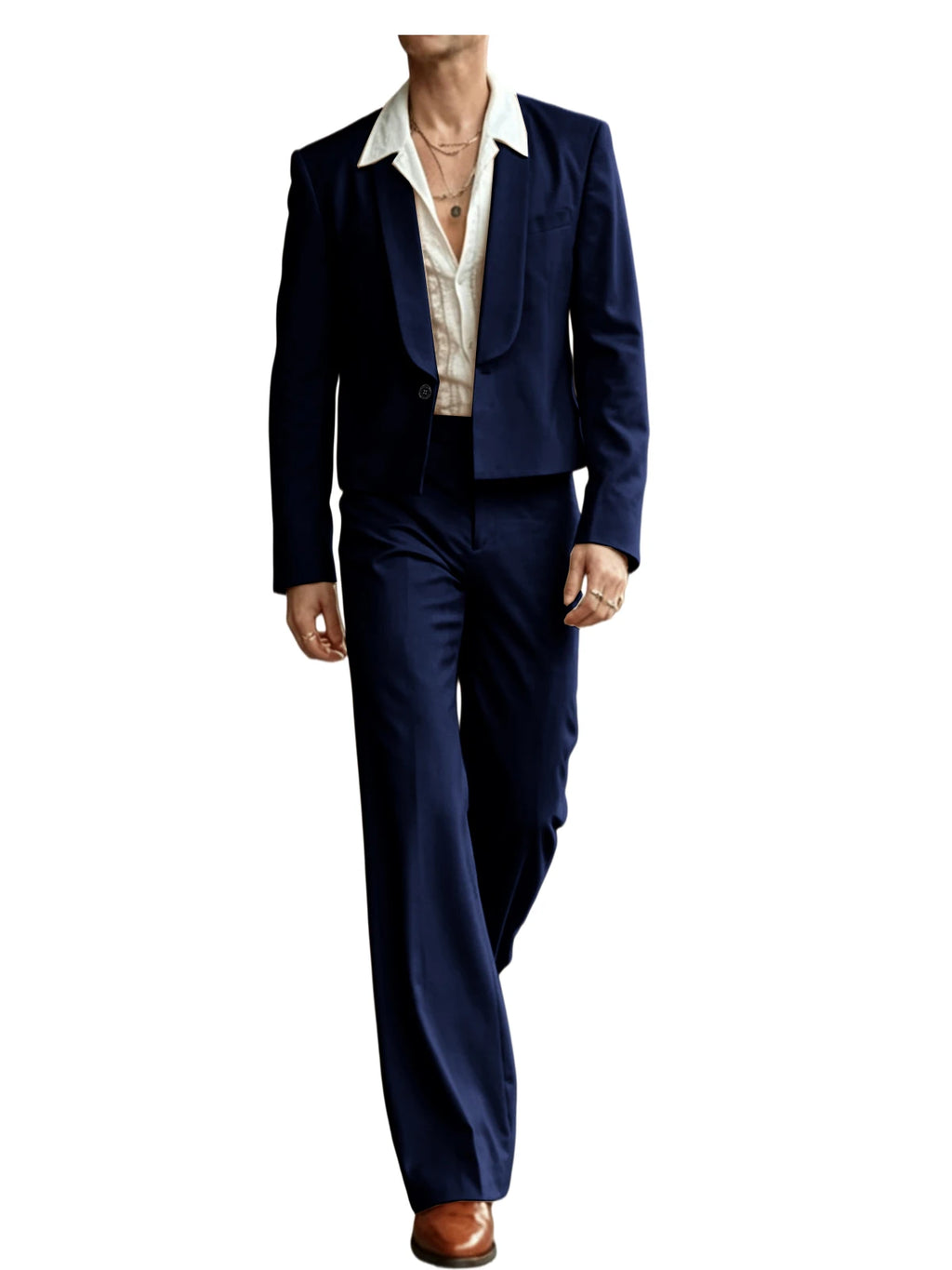 Costume 2 Pièces Homme Blazer Court Col Châle + Pantalon Évasé Taille Haute Style Vintage Slim Fit – CLEVI Paris