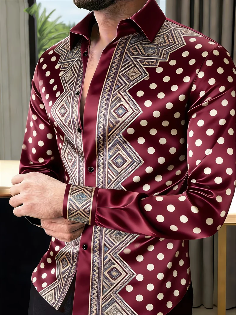 Chemise Homme Manches Longues – Imprimé 3D Luxe & Pois Dorés