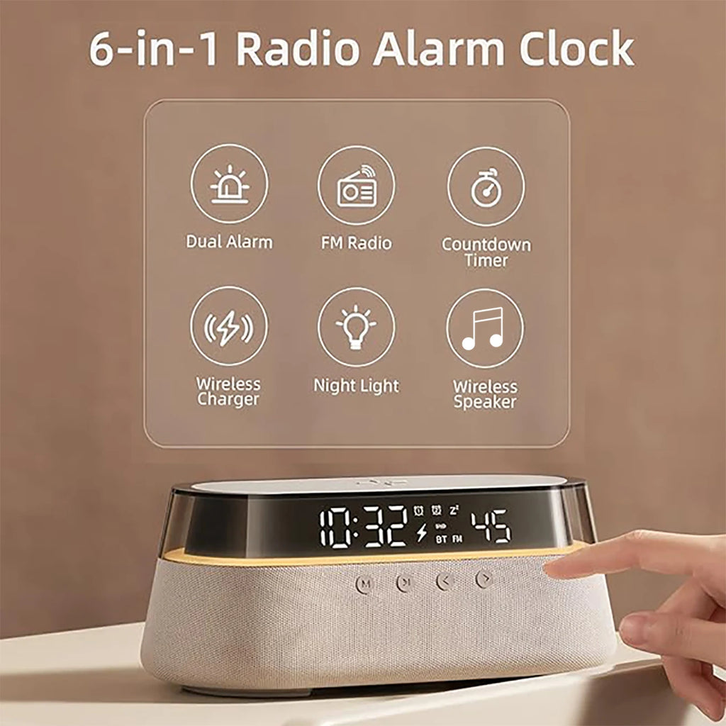 Réveil Intelligent 6-en-1 Chargeur Sans Fil 15W Enceinte Bluetooth Radio FM LED RGB – CLEVI Paris