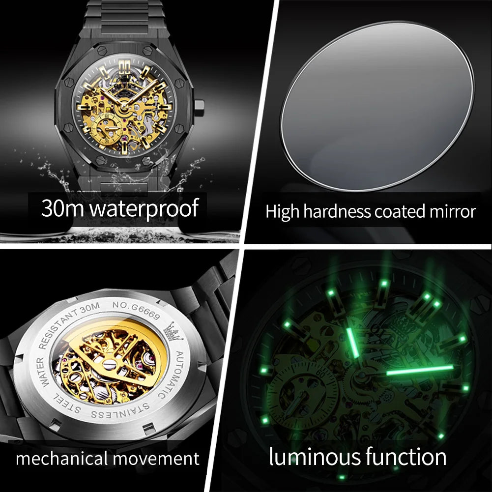 OLEVS 6669 Montre Homme Automatique Squelette Creux Acier Étanche 30M – CLEVI Paris