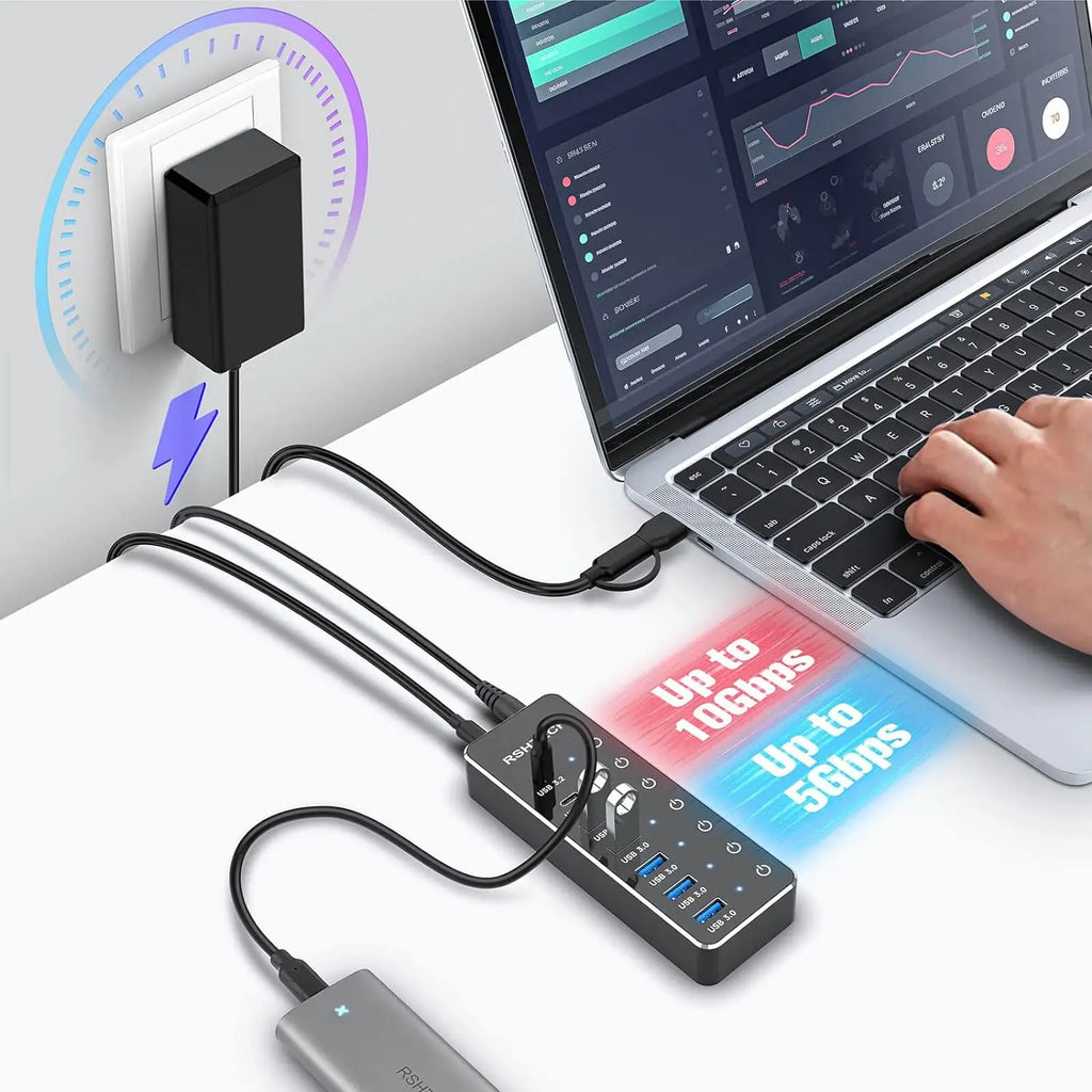 Hub USB-C 7 Ports 10Gbps RSHTECH Alimenté Interrupteurs Tactiles – CLEVI Paris