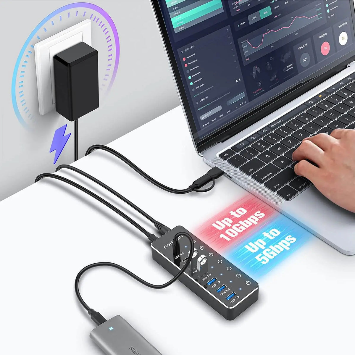 Hub USB-C 7 Ports 10Gbps RSHTECH Alimenté Interrupteurs Tactiles – CLEVI Paris