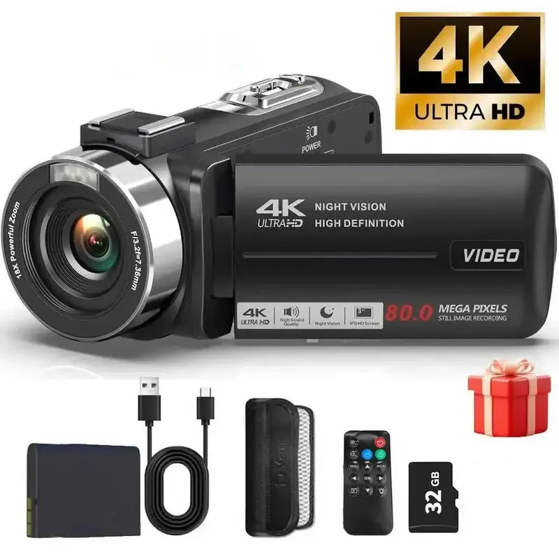 Caméscope 4K SKIG – Écran IPS 3" Rotatif 270°, Vision Nocturne IR, Zoom 18x, Carte SD Incluse