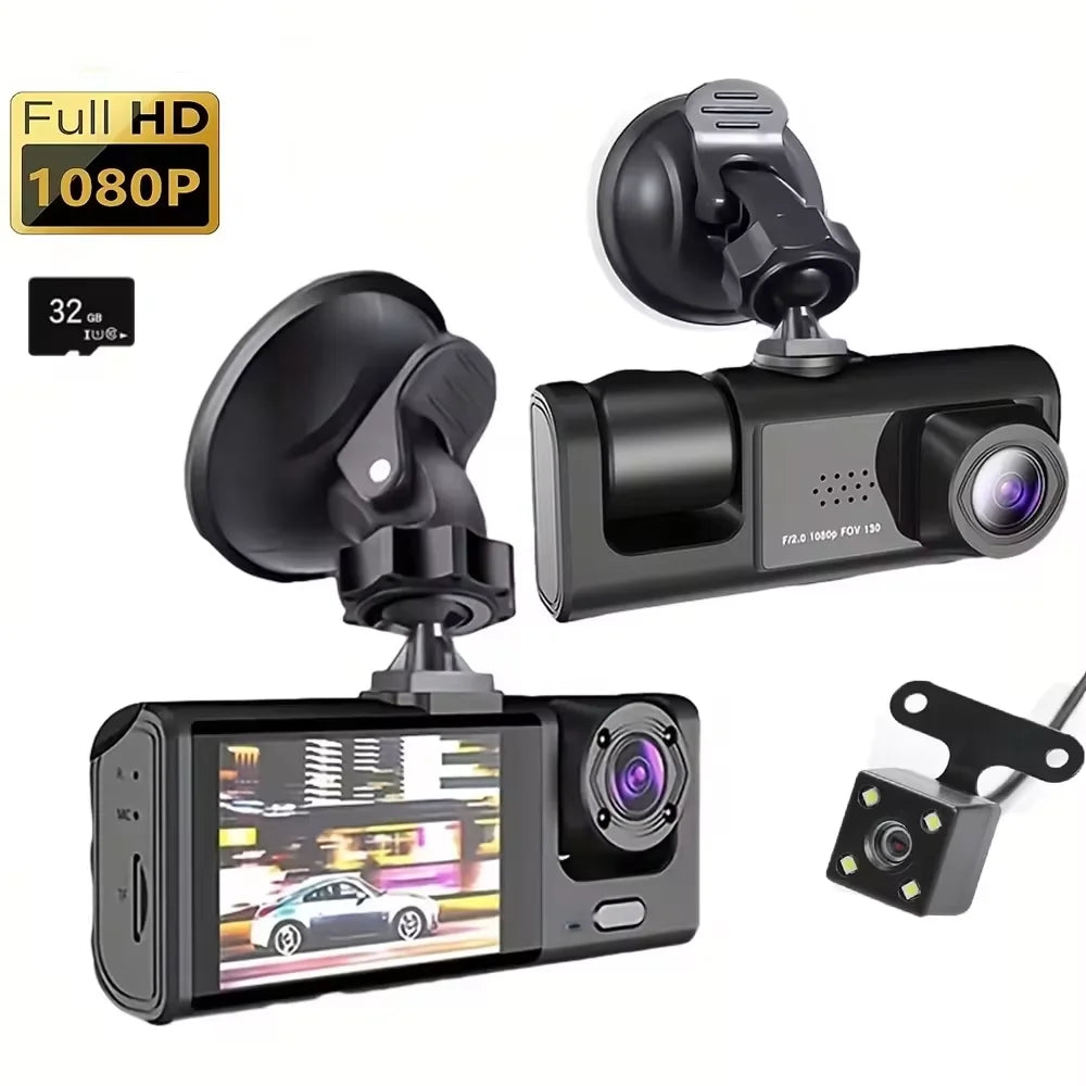 Dashcam 3 Objectifs 1080p – Écran IPS 2", Vision Nocturne IR, G-Sensor, Rétroviseur Intégré – CLEVI Paris