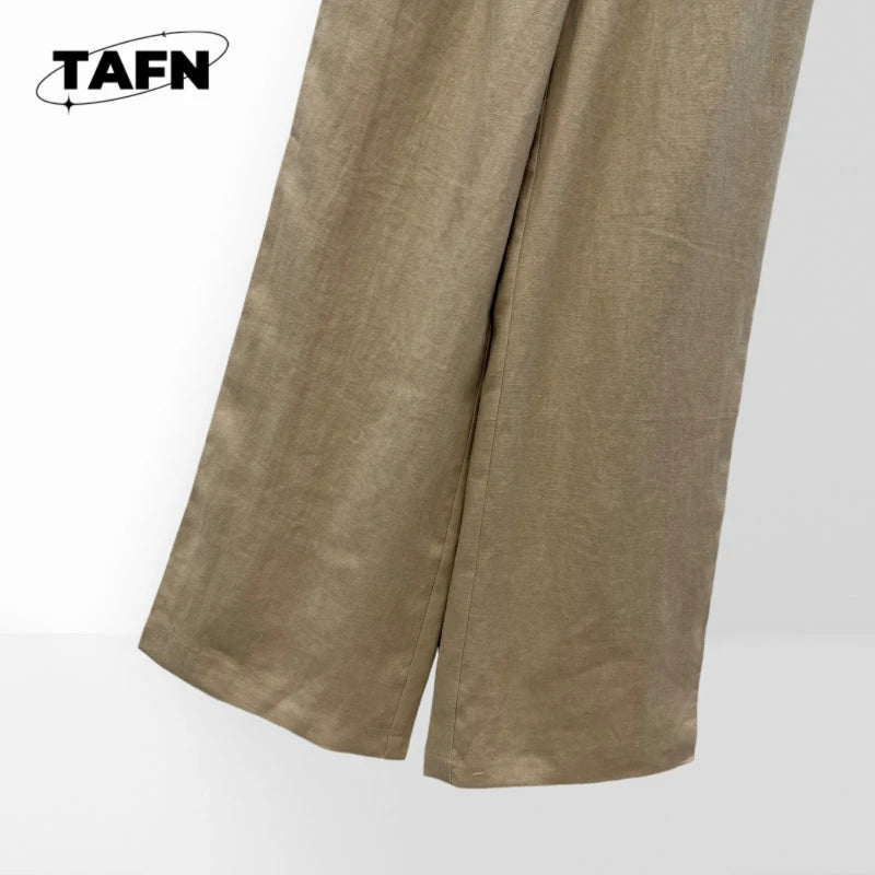 Pantalon Large Femme Taille Mi-Haute À Carreaux Coton Soie Coupe Ample Longueur Mollet Élégant OL Beige – CLEVI Paris