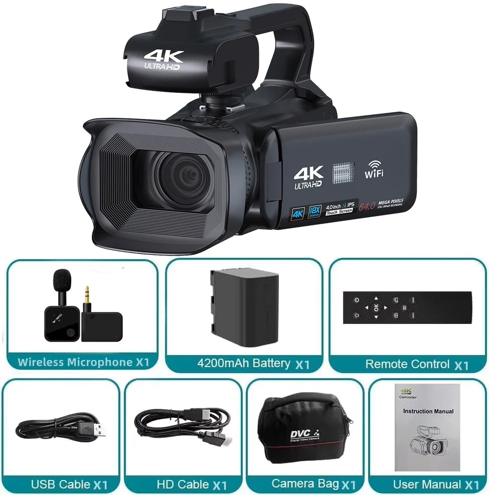 Caméscope Professionnel 4K 64MP KOMERY RX200 – Écran Tactile 4", WiFi, Zoom 18x, Live Streaming