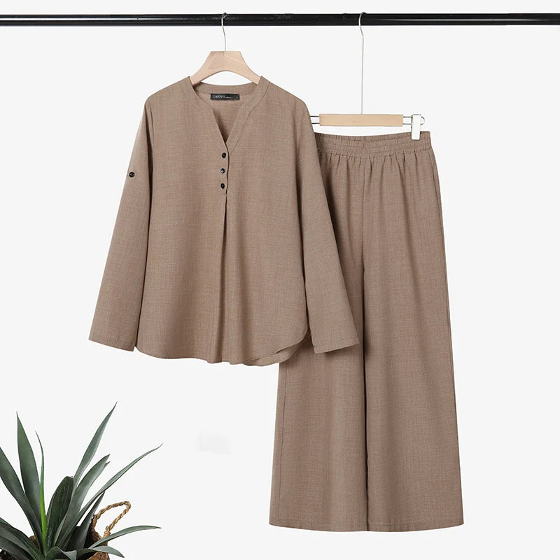 Ensemble 2 Pièces Femme Blouse Col V Manches Longues Demi-Boutonnée + Pantalon Large Taille Mi-Haute Élastique Casual Bohème Marron Clair Bleu Noir – CLEVI Paris