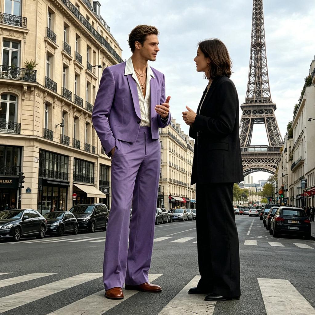 Costume 2 Pièces Homme Blazer Court Col Châle + Pantalon Évasé Taille Haute Style Vintage Slim Fit – CLEVI Paris