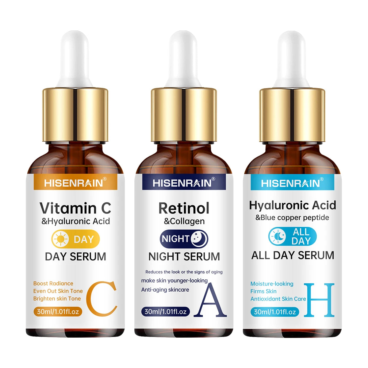 Sérum Visage HISENRAIN | Vitamine C + Rétinol + Acide Hyaluronique | Anti-Âge & Éclat | Certifié CPNP – CLEVI Paris