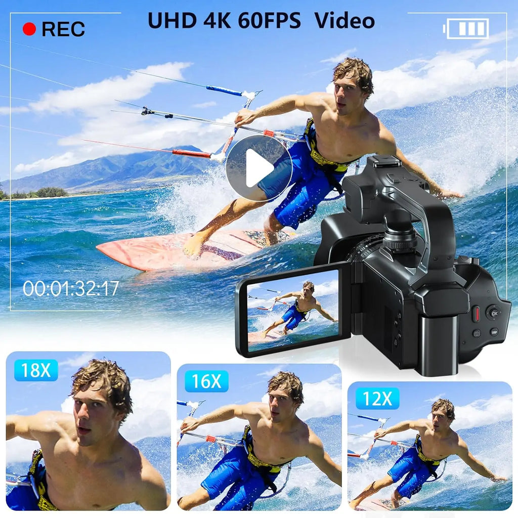 Caméscope Professionnel 4K 64MP KOMERY RX200 – Écran Tactile 4", WiFi, Zoom 18x, Live Streaming