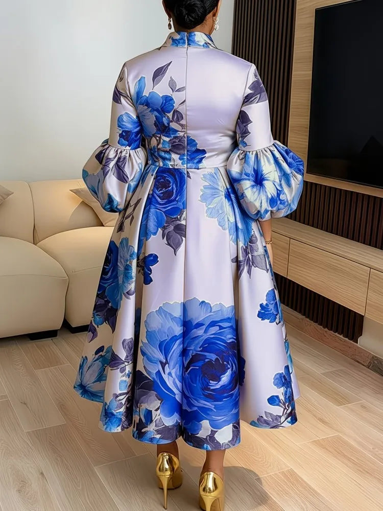 Robe Femme Grande Taille Col Montant Manches Lanterne A-line Mi-Mollet Casual – CLEVI Paris