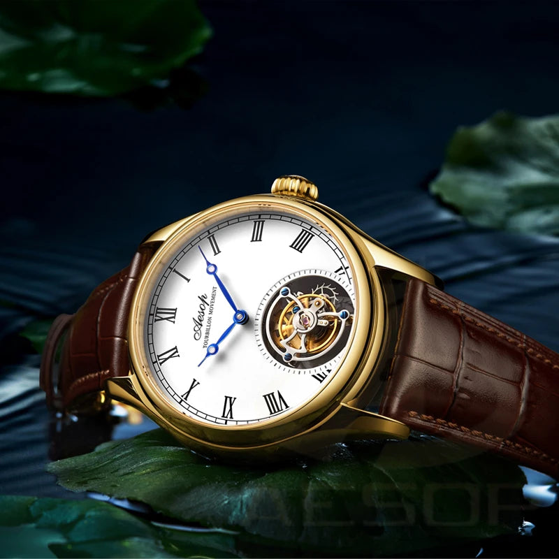 Montre AESOP Tourbillon Volant – Mécanique Squelette Double Face, Verre Saphir, Acier Inoxydable, Cuir, Étanche 5 ATM – CLEVI Paris
