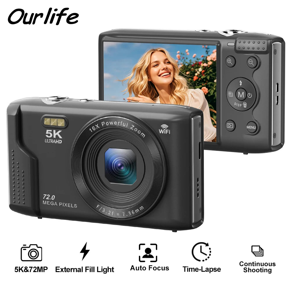 Appareil Photo Compact 5K 72MP OURLIFE – WiFi, Écran 2.8", Zoom 16x, Vlogging & YouTube