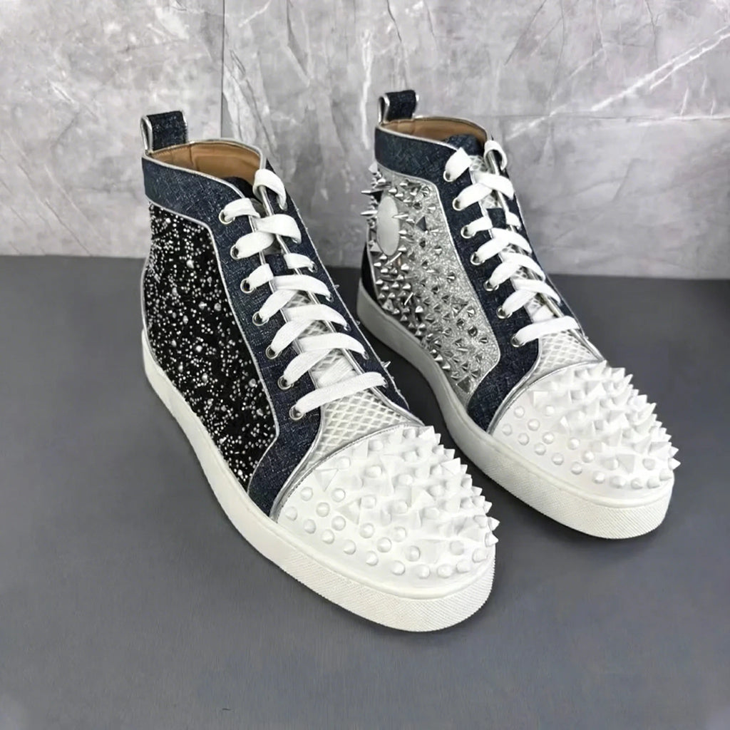 Sneakers Montantes Cuir Color Block Bleu Blanc Spikes Homme – Semelle Rouge, Lacets, Tailles 39-46 – CLEVI Paris
