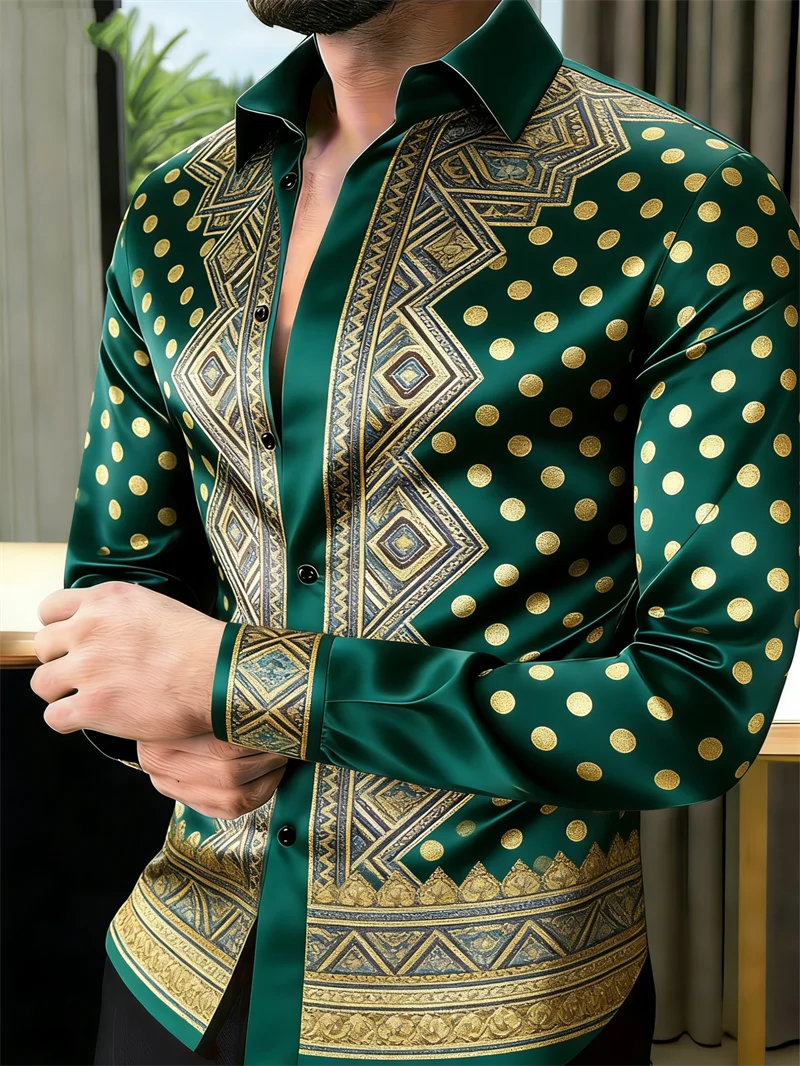Chemise Homme Manches Longues – Imprimé 3D Luxe & Pois Dorés