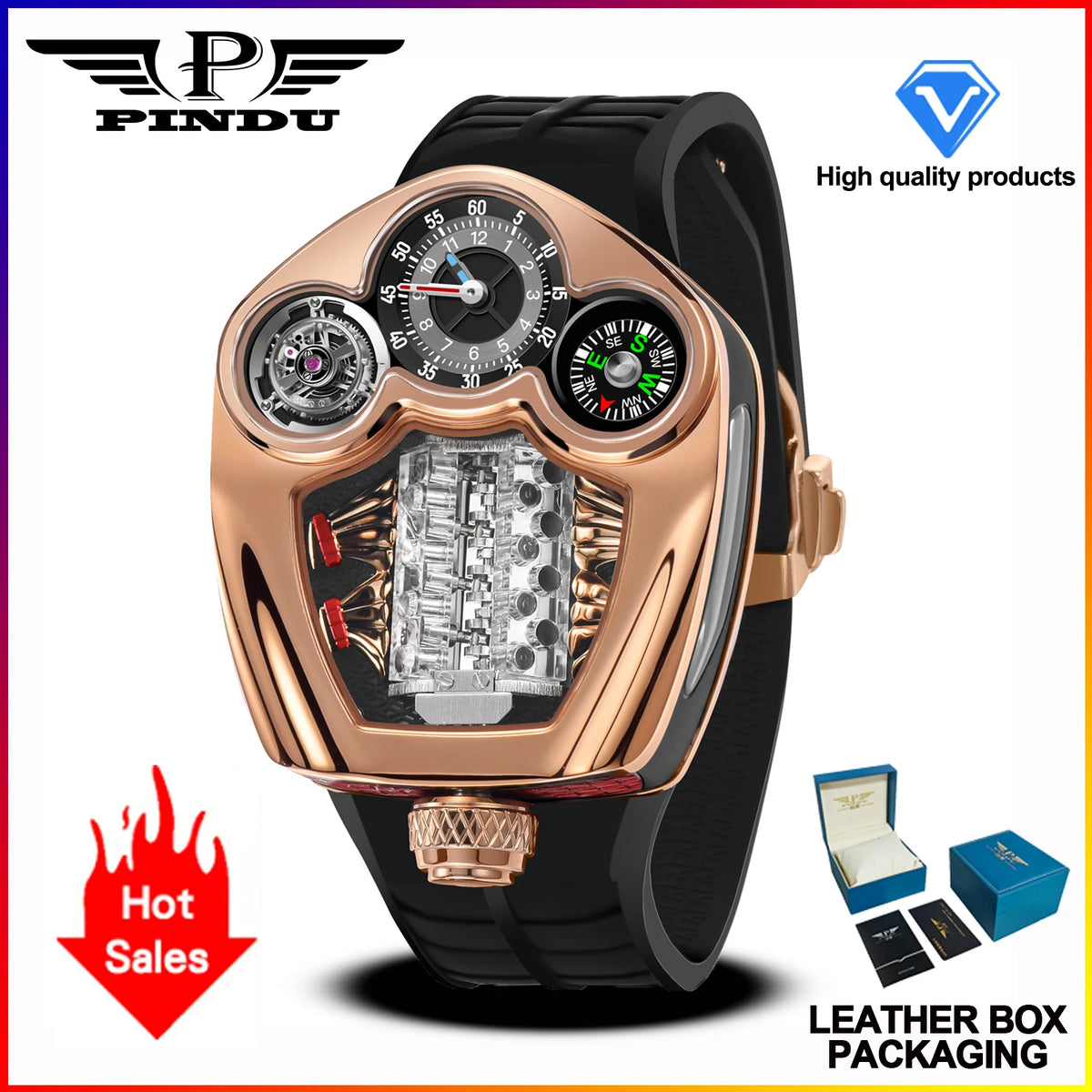 PINDU PD6658 Montre Homme Quartz Suisse Boussole Acier Forme Moteur 50M – CLEVI Paris