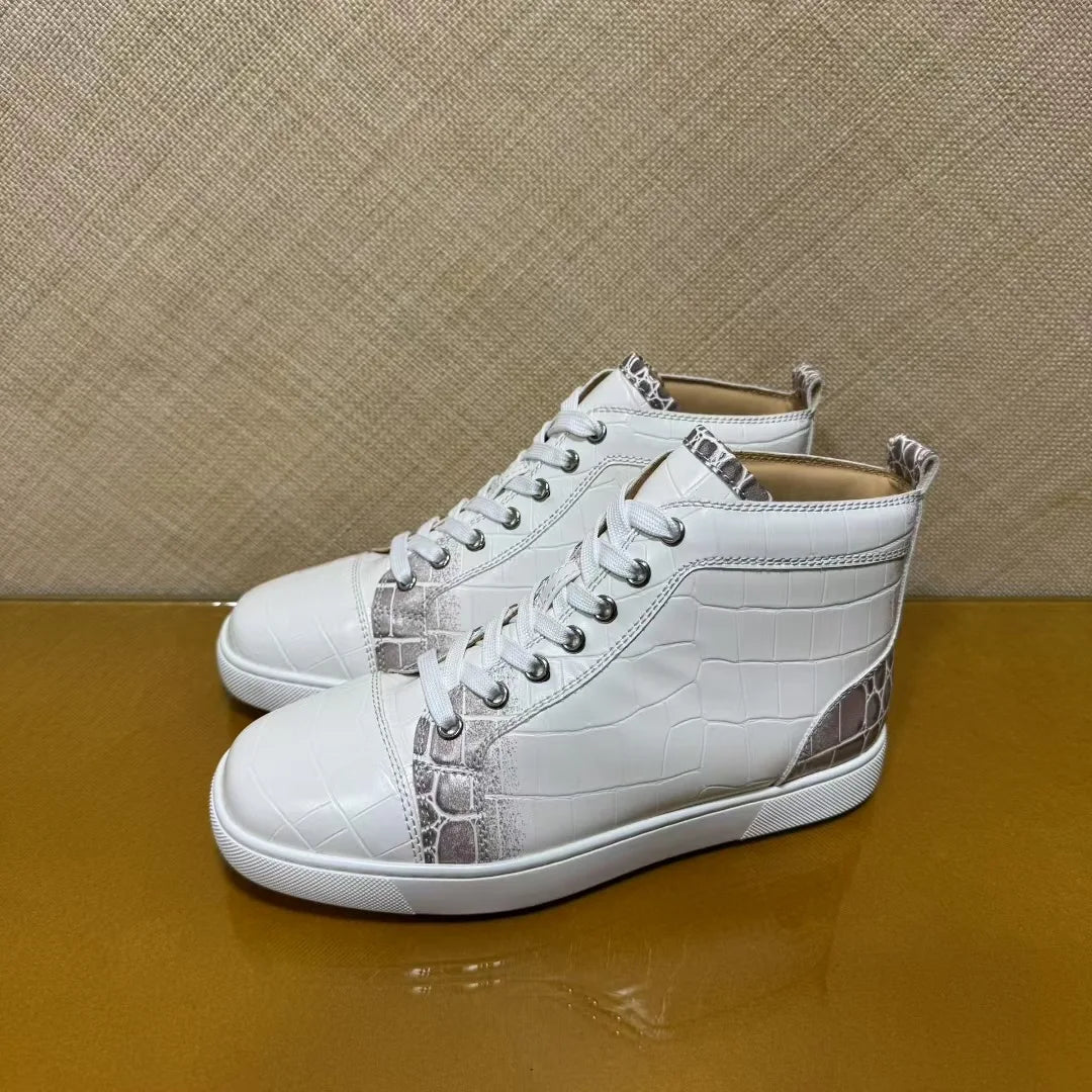 Sneakers Montantes Cuir Croco Blanc Homme – Semelle Rouge, Lacets, Imperméable, Tailles 35-48 – CLEVI Paris