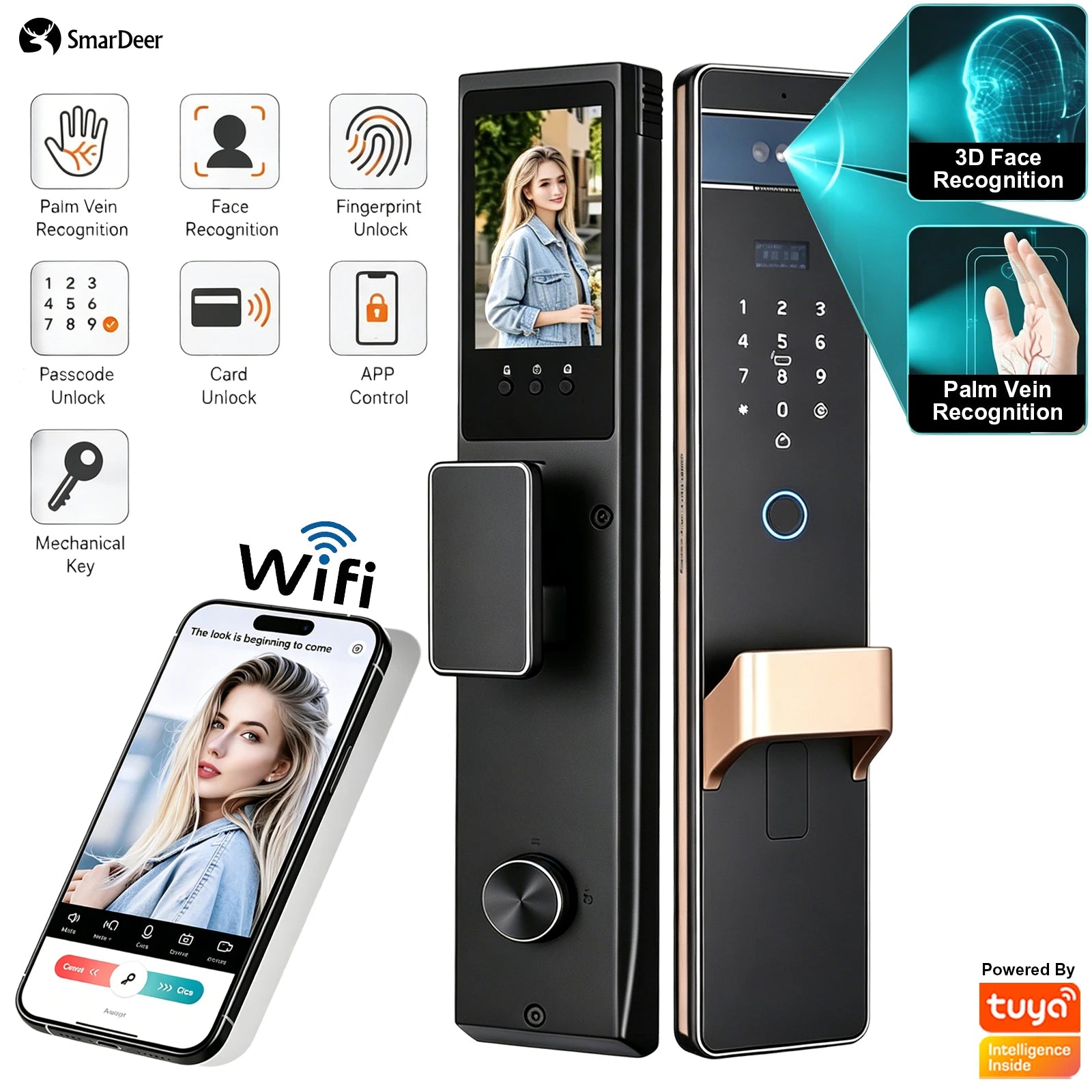 SmarDeer L9009 Serrure Connectée 3D Face & Veine Palmaire WiFi Tuya – CLEVI Paris