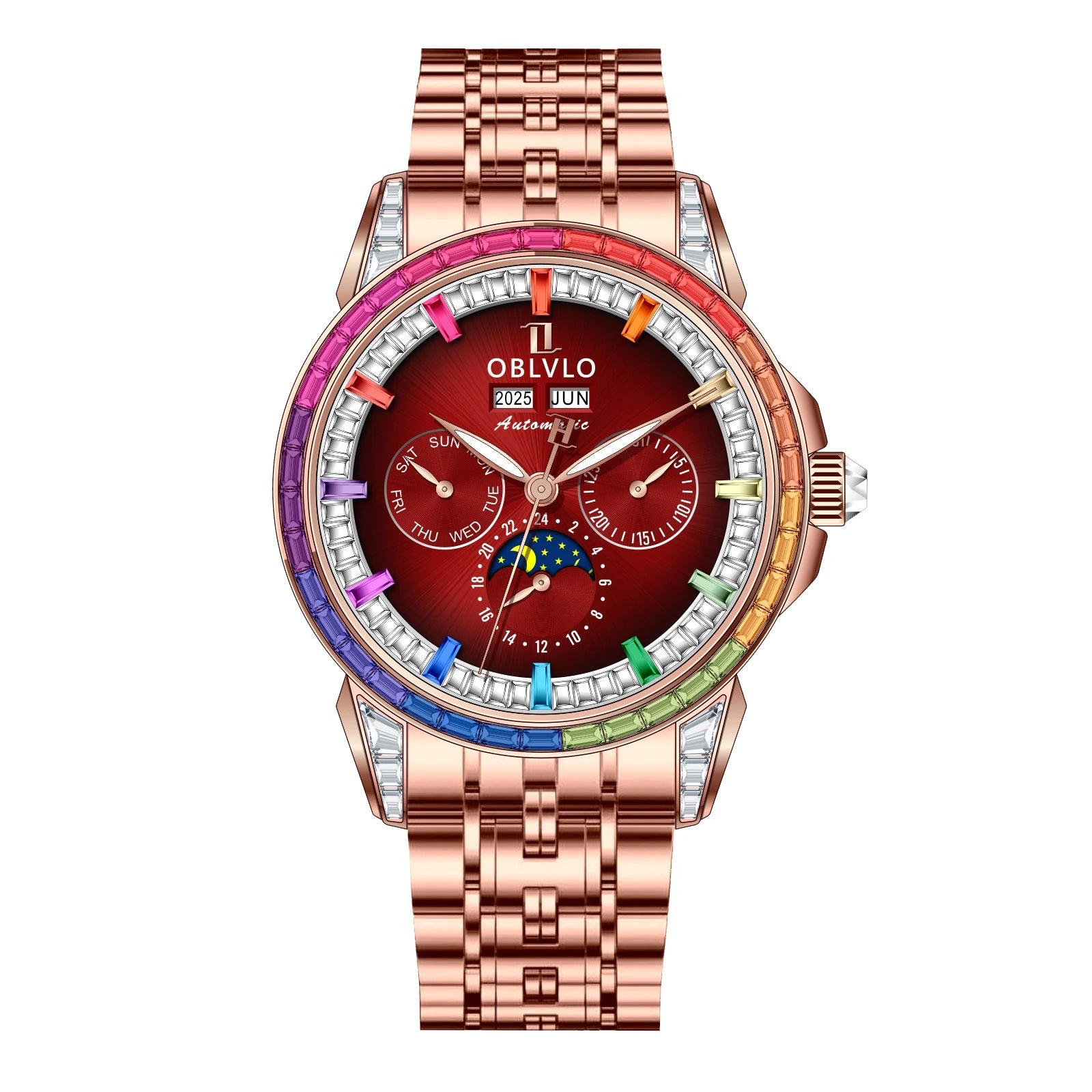 Montre Automatique Phase de Lune | Zircon Multicolore Bracelet Cuir – CLEVI Paris