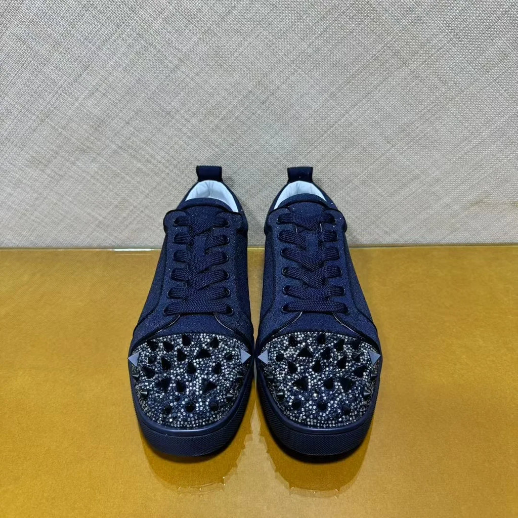 Sneakers Luxe Cuir Véritable Bleu Encre – Diamants & Semelle Rouge, Unisexe, Tailles 35-48 – CLEVI Paris