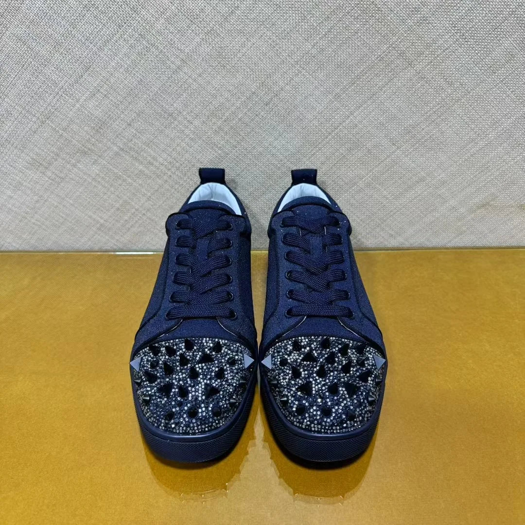 Sneakers Luxe Cuir Véritable Bleu Encre – Diamants & Semelle Rouge, Unisexe, Tailles 35-48 – CLEVI Paris