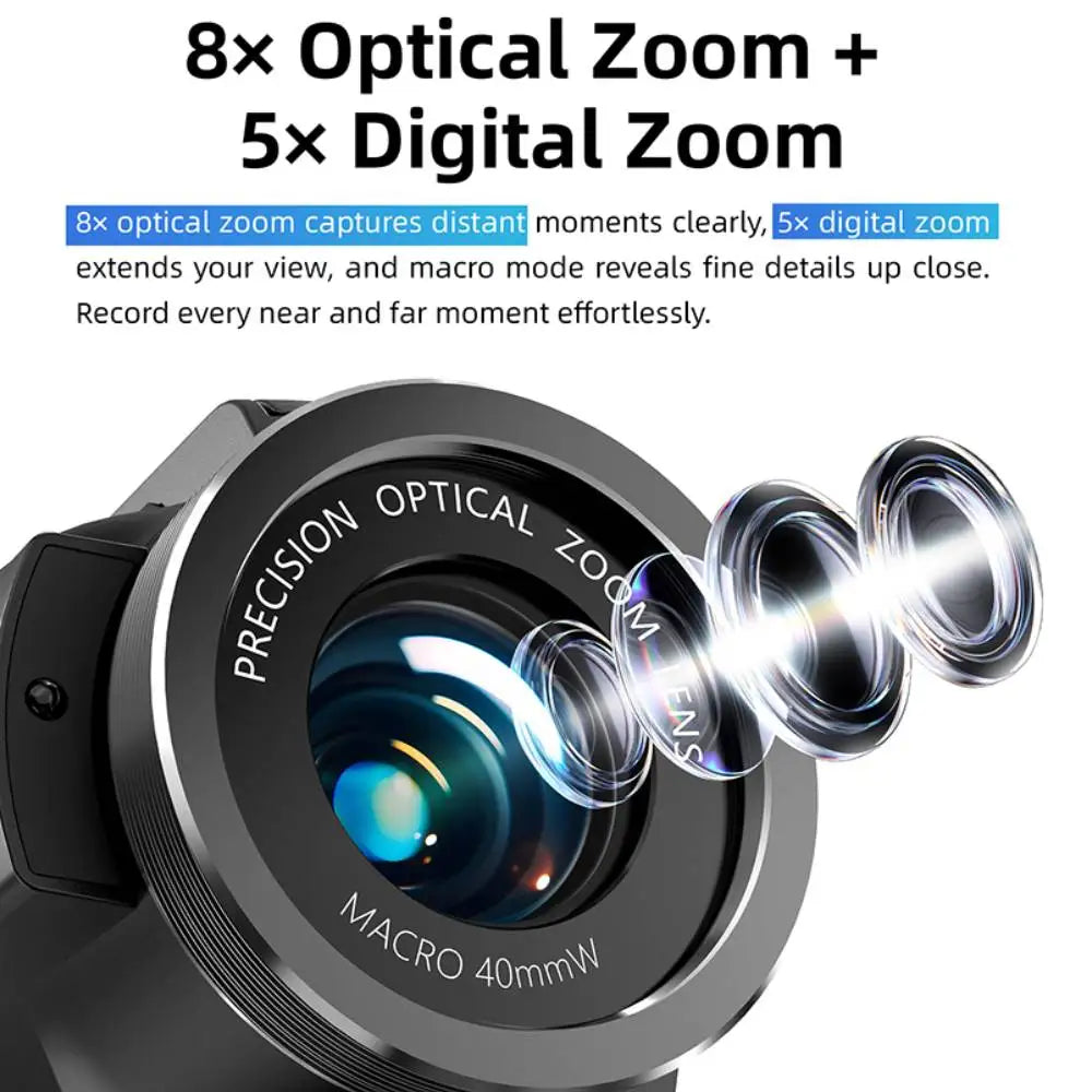 Caméscope AMORUS CD-V02 8K 75MP – Zoom Optique 8x, Écran 270°, Image dans l’Image, 13 Filtres, WiFi, Vision Nocturne IR – CLEVI Paris