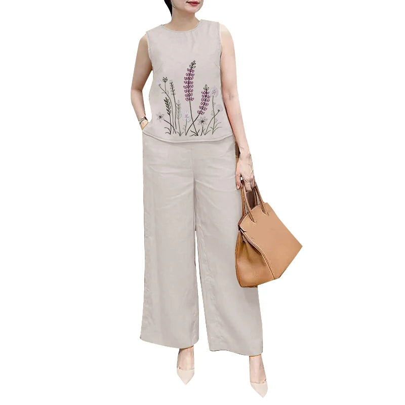 Ensemble 2 Pièces Femme Blouse Brodée Sans Manches Pantalon Jambe Large Style Bohème Été – CLEVI Paris