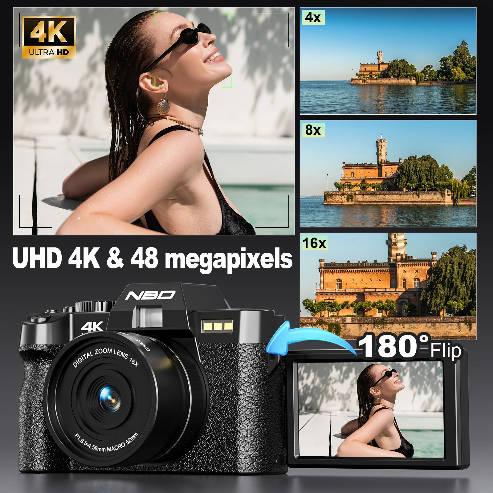 Appareil Photo NBD S100 4K 48MP – Style Rétro, Écran 3" 180°, Grand Angle 120° + Macro, WiFi, Webcam, SD 32 Go Incluse – CLEVI Paris