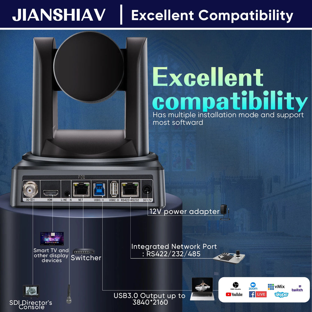 Caméra PTZ 4K Professionnelle – Zoom Optique 10x/20x NDI SDI HDMI USB PoE Suivi IA Conférence Streaming – CLEVI Paris