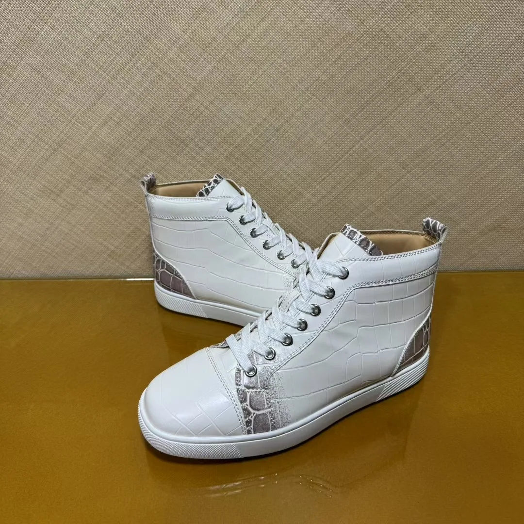 Sneakers Montantes Cuir Croco Blanc Homme – Semelle Rouge, Lacets, Imperméable, Tailles 35-48 – CLEVI Paris