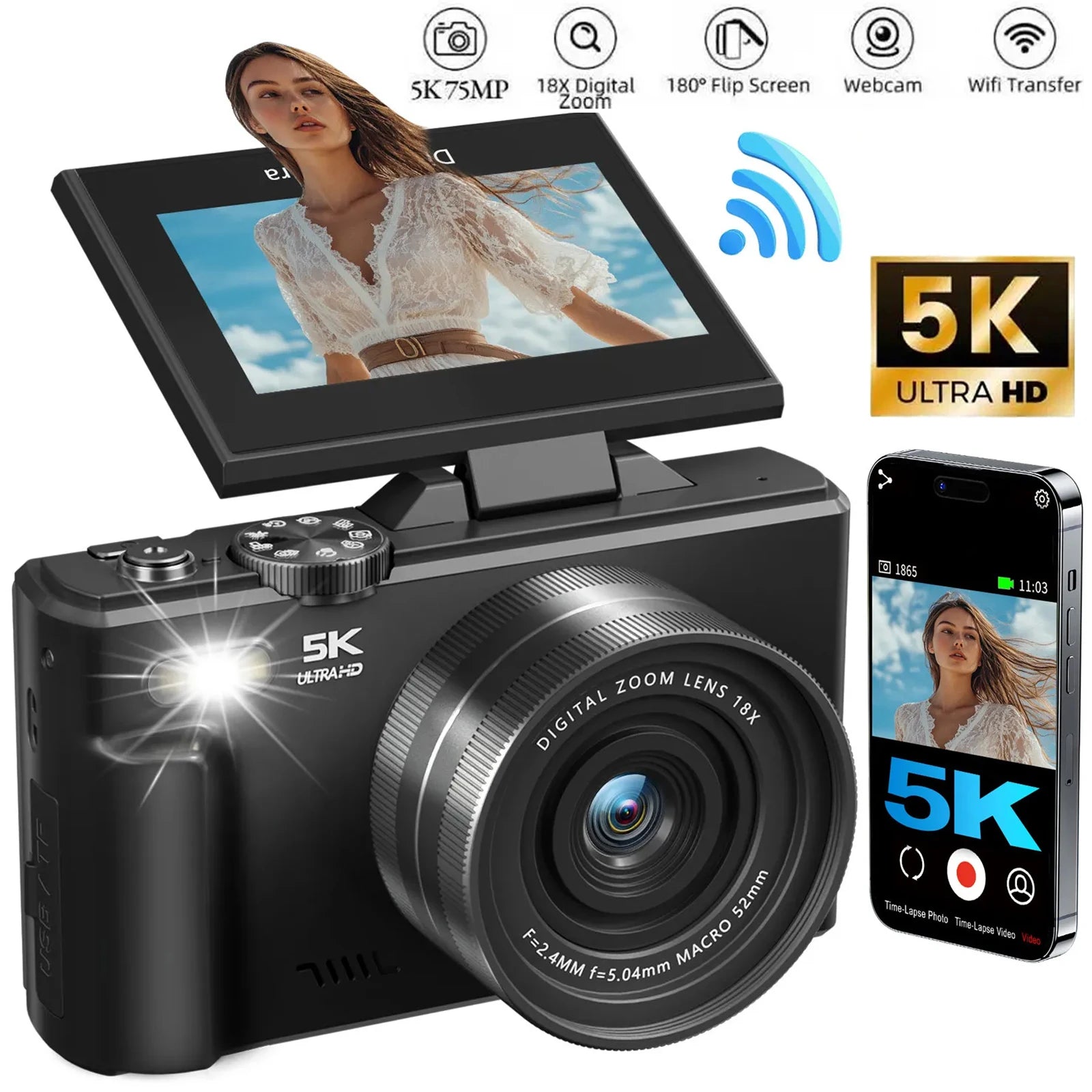 Appareil Photo 5K 75MP DIXSG – WiFi, Écran Rabattable 3", Zoom 18x, Flash, Webcam & Vlogging