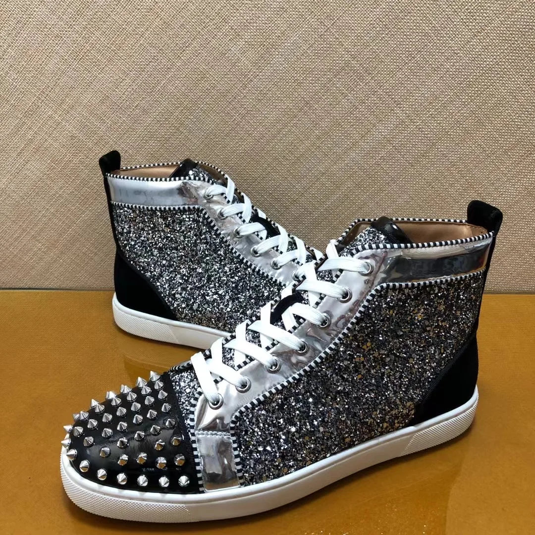 Sneakers Montantes Cuir Véritable Paillettes Argent – Rivets, Semelle Rouge, Unisexe, Tailles 35-48 – CLEVI Paris