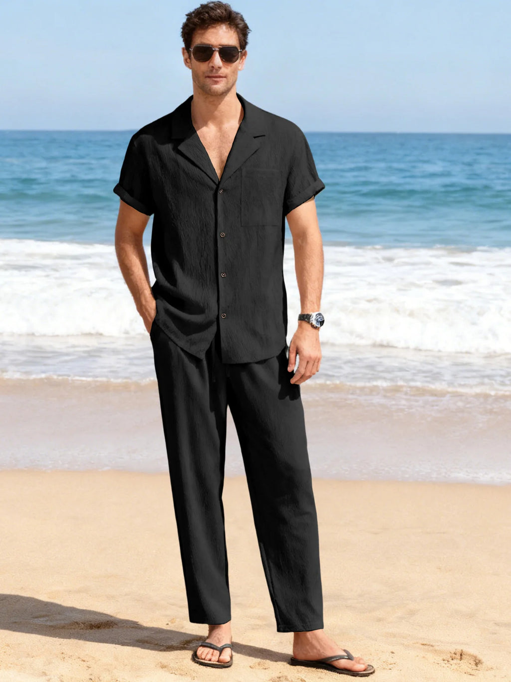 Ensemble 2 Pièces Homme Soie Glacée Polo Manches Courtes + Pantalon Long Casual Été – CLEVI Paris