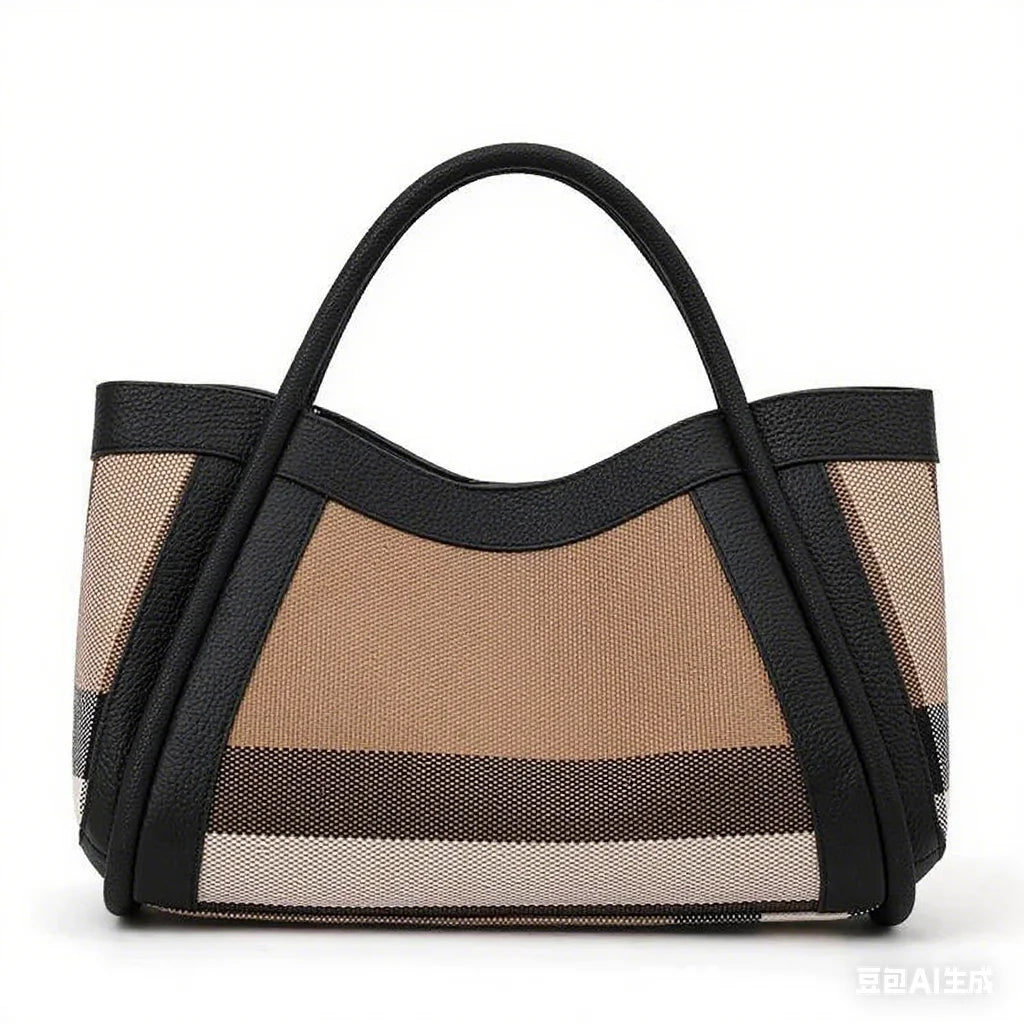 Tote Bag Toile & Cuir Femme Motif Carreaux Anses Larges – CLEVI Paris