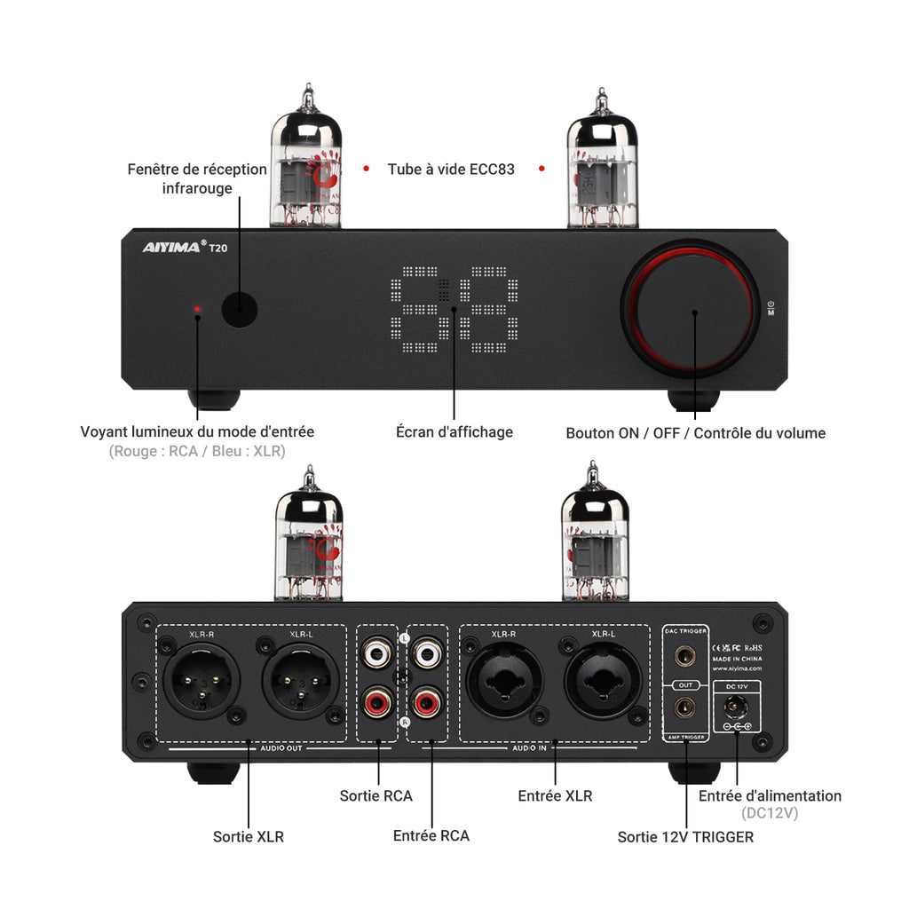 Préamplificateur à Tubes AIYIMA T20 – HiFi XLR/RCA LME49720/OPA1612 – CLEVI Paris